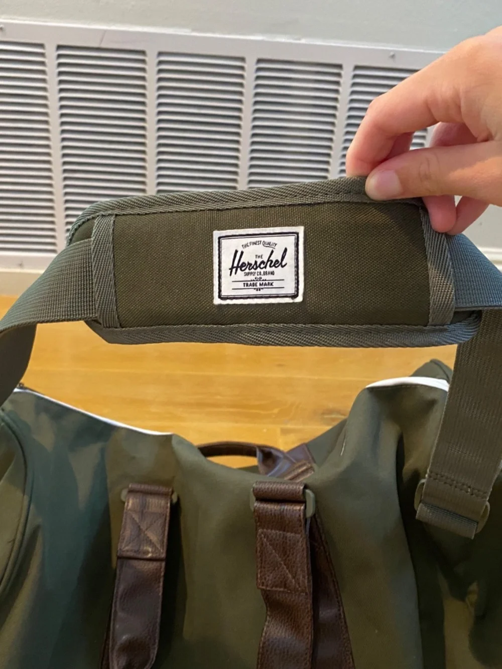 Hershel Novel Duffle Bag, Olive Green, Brown Faux-Leather Handles